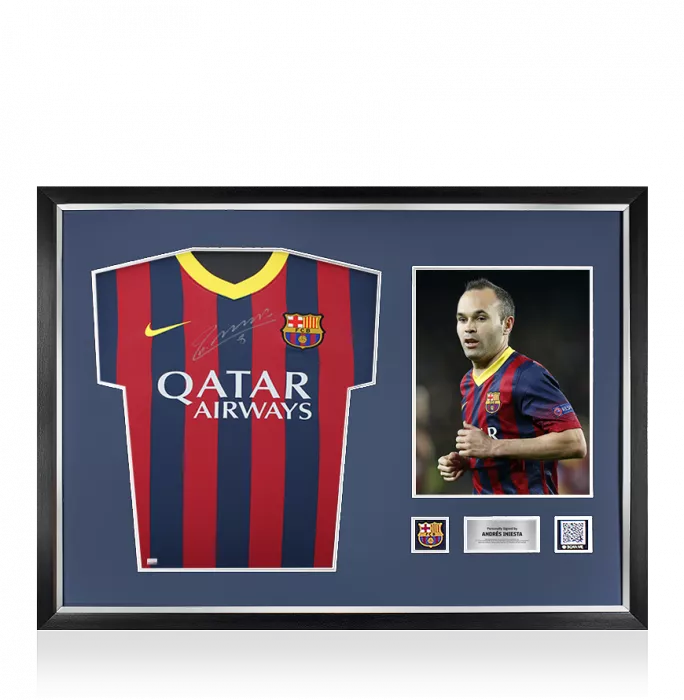 Andres Iniesta Official FC Barcelona Front Signed and Framed 2013-14 Home Shirt: Version 3