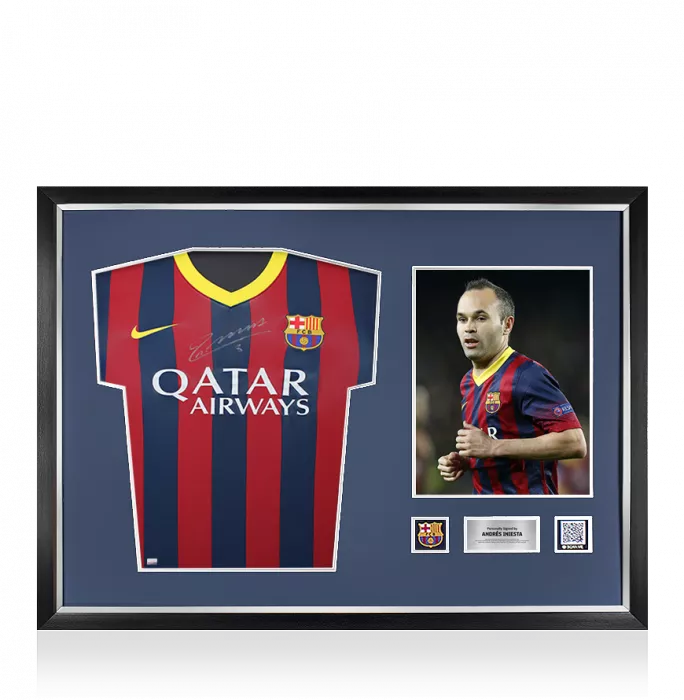 Andres Iniesta Official FC Barcelona Front Signed and Framed 2013-14 Home Shirt: Version 2