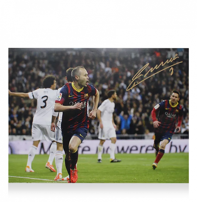 Andres Iniesta Official FC Barcelona Signed And Framed Photo: Celebration Vs Real Madrid