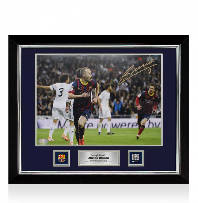 Andres Iniesta Official FC Barcelona Signed and Framed Photo: Celebration vs Real Madrid