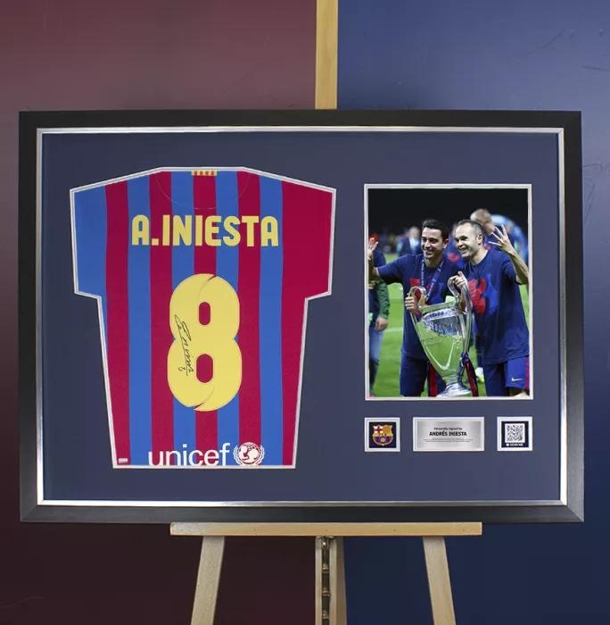Andres Iniesta Official FC Barcelona Signed And Framed 2021-22 Home Shirt With Fan Style Number