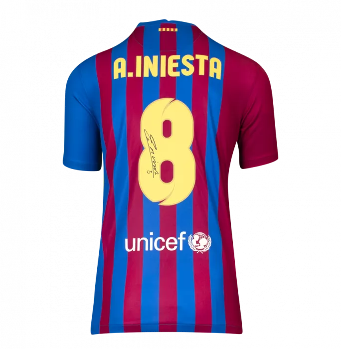 Andres Iniesta Official FC Barcelona Signed And Framed 2021-22 Home Shirt With Fan Style Number
