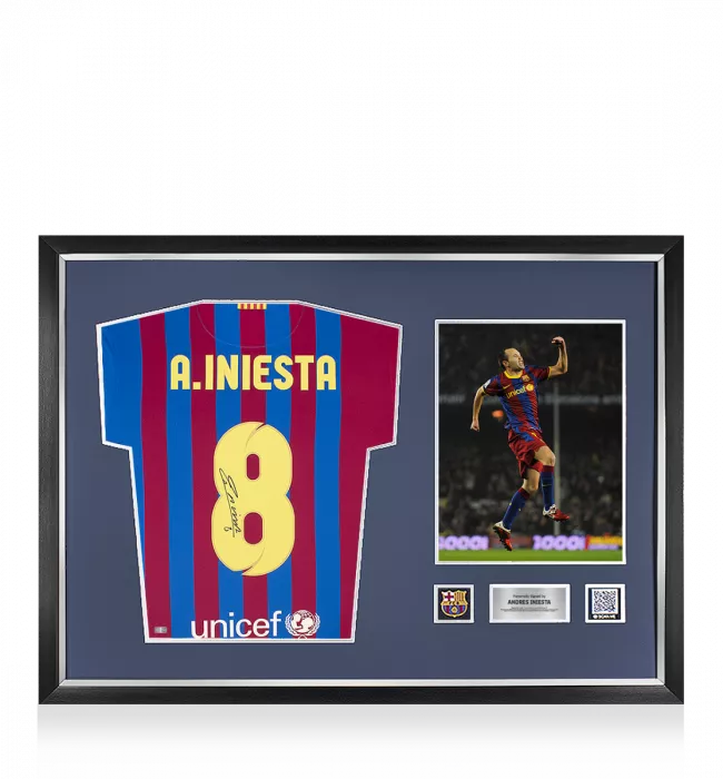 Andres Iniesta Official FC Barcelona Signed and Framed 2021-22 Home Shirt With Fan Style Number