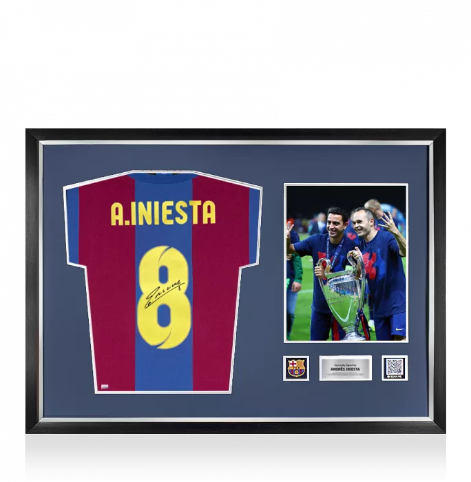 Andres Iniesta Official FC Barcelona Signed and Framed Retro FC Barcelona Home Shirt