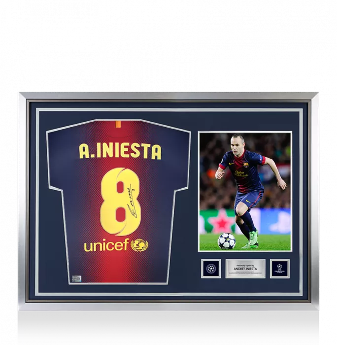 Andres Iniesta Official UEFA Champions League Back Signed and Hero Framed FC Barcelona 2012-13 Home Shirt
