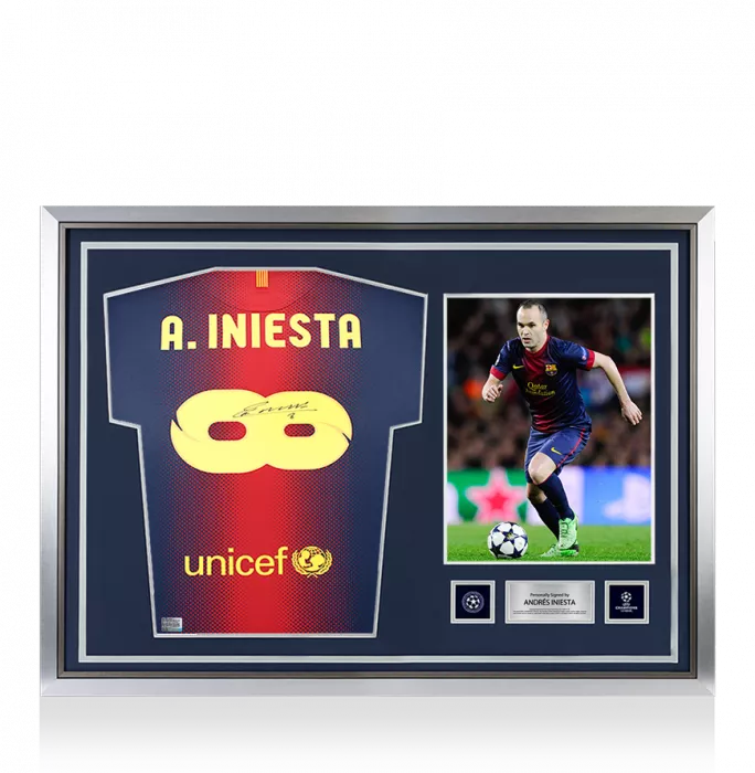 Andres Iniesta Official UEFA Champions League Back Signed and Hero Framed FC Barcelona 2012-2013 Home Shirt - Infinity Edition