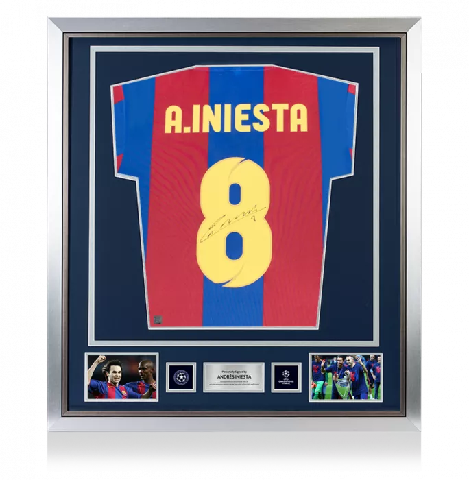Andres Iniesta Official UEFA Champions League Back Signed and Framed Retro FC Barcelona Home Shirt