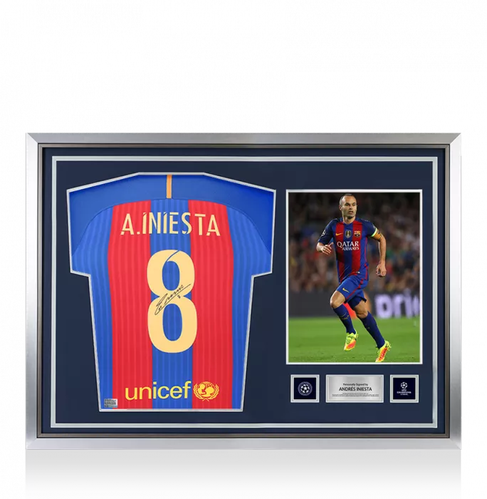 Andres Iniesta Official UEFA Champions League Back Signed and Hero Framed FC Barcelona 2016-17 Home Shirt with Fan Style Number