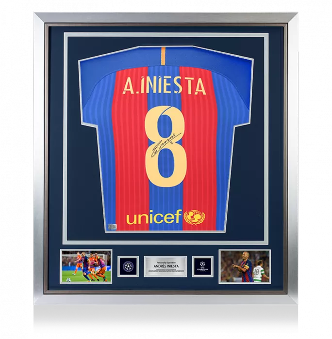 Andres Iniesta Official UEFA Champions League Back Signed and Framed FC Barcelona 2016-17 Home Shirt with Fan Style Number