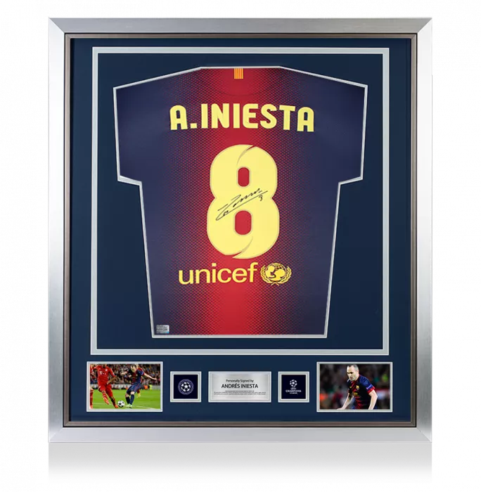 Andres Iniesta Official UEFA Champions League Back Signed and Framed FC Barcelona 2012-13 Home Shirt