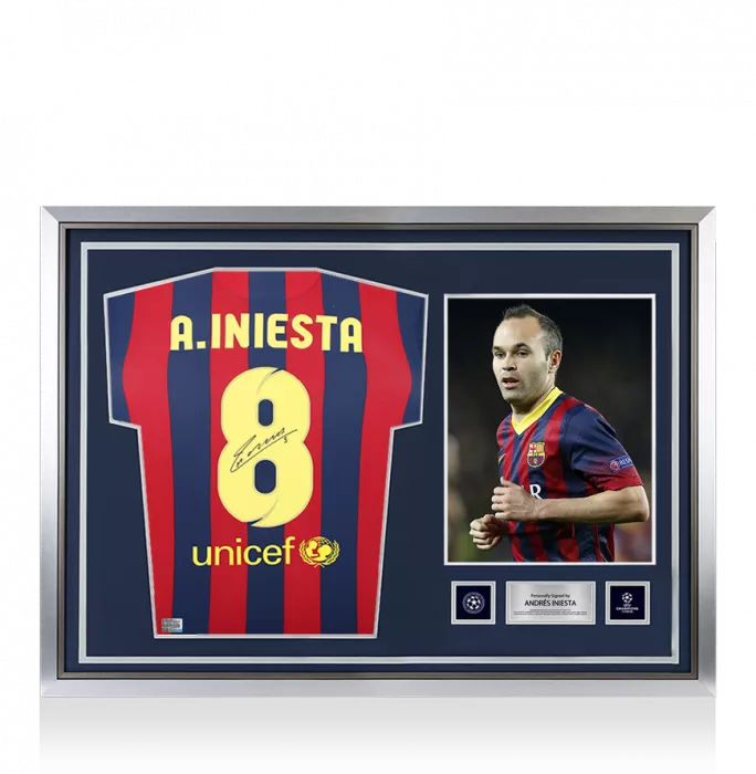 Andres Iniesta Official UEFA Champions League Back Signed and Hero Framed FC Barcelona 2013-14 Home Shirt