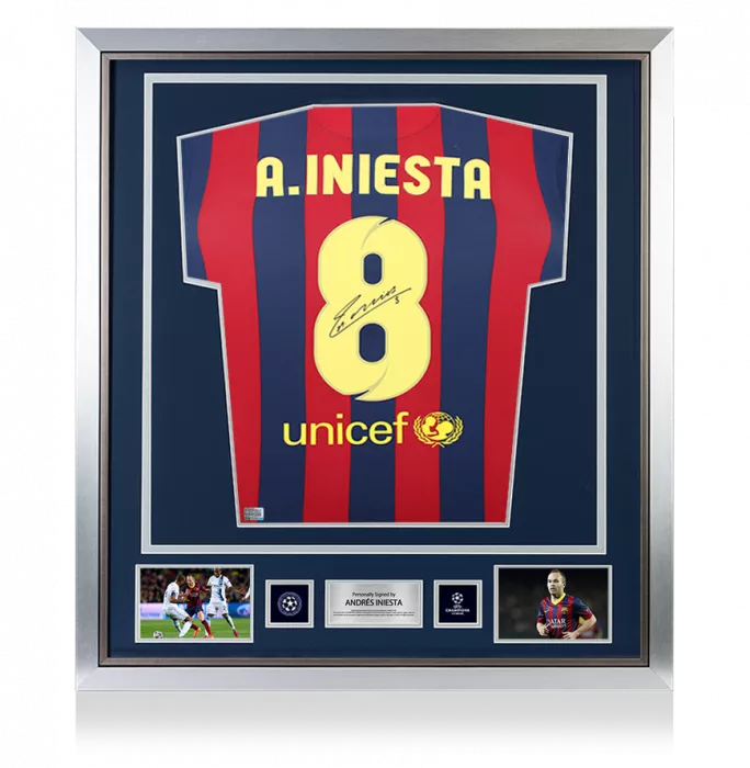 Andres Iniesta Official UEFA Champions League Back Signed and Framed FC Barcelona 2013-14 Home Shirt