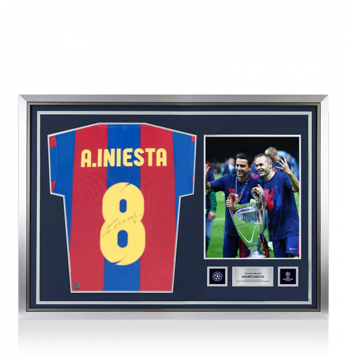 Andres Iniesta Official UEFA Champions League Back Signed and Hero Framed Retro FC Barcelona Home Shirt