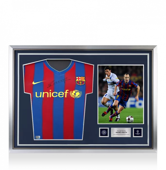 Andres Iniesta Official UEFA Champions League Front Signed and Hero Framed FC Barcelona 2009-10 Home Shirt
