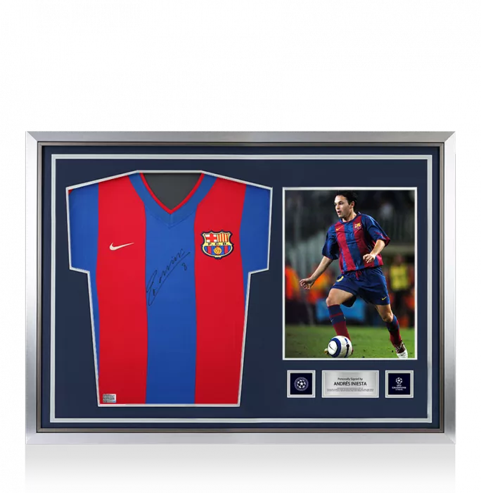 Andres Iniesta Official UEFA Champions League Front Signed and Hero Framed FC Barcelona 2002-03 Home Shirt