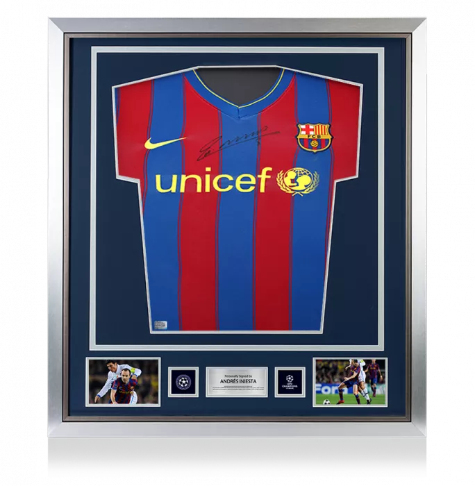 Andres Iniesta Official UEFA Champions League Front Signed and Framed FC Barcelona 2009-10 Home Shirt