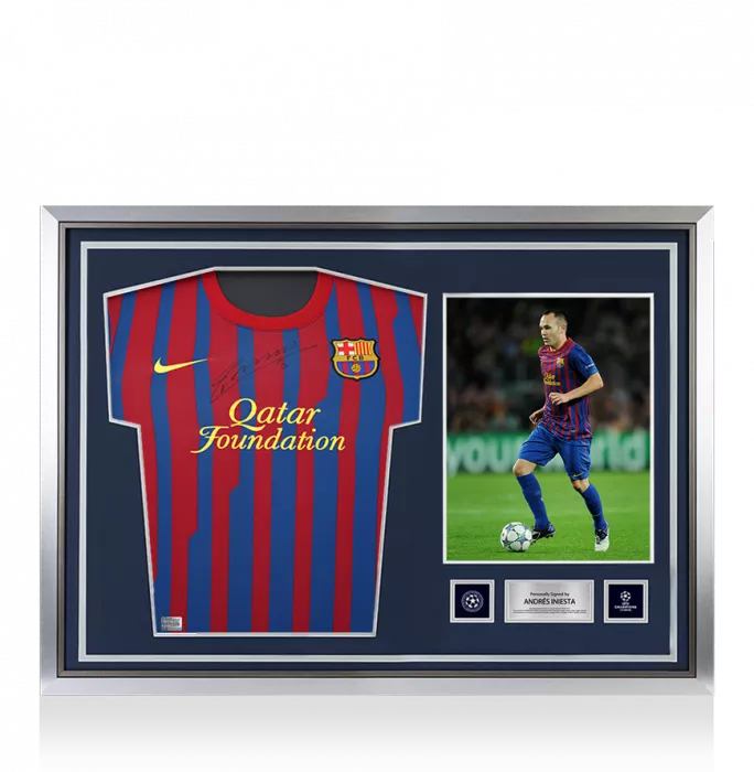 Andres Iniesta Official UEFA Champions League Front Signed and Hero Framed FC Barcelona 2011-12 Home Shirt