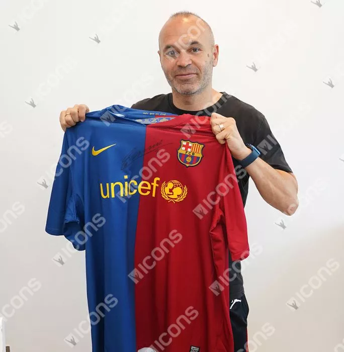 Andres Iniesta Official UEFA Champions League Front Signed And Hero Framed FC Barcelona 2008-09 Home Shirt