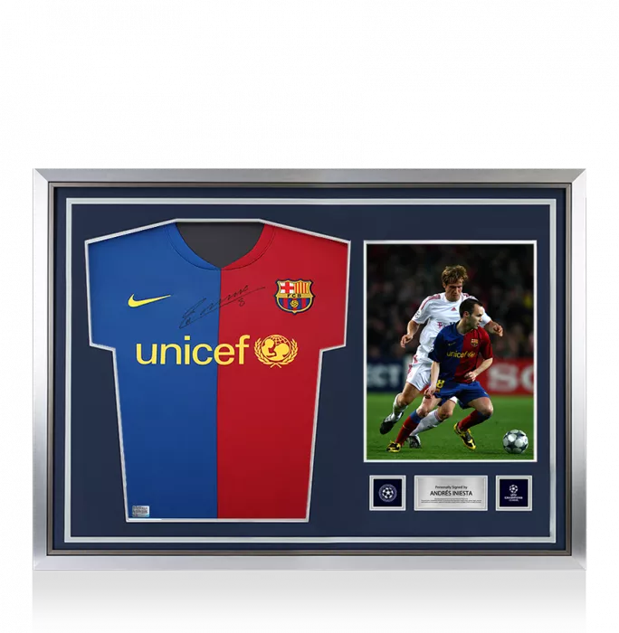 Andres Iniesta Official UEFA Champions League Front Signed and Hero Framed FC Barcelona 2008-09 Home Shirt