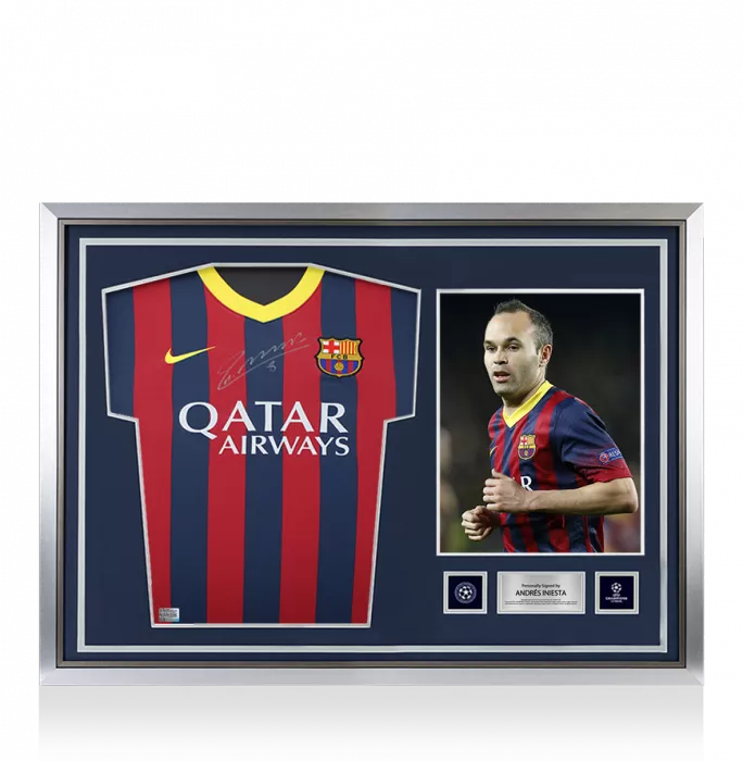 Andres Iniesta Official UEFA Champions League Front Signed and Hero Framed FC Barcelona 2013-14 Home Shirt: Version 3