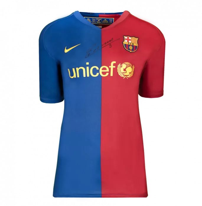 Andres Iniesta Official UEFA Champions League Front Signed And Framed FC Barcelona 2008-09 Home Shirt