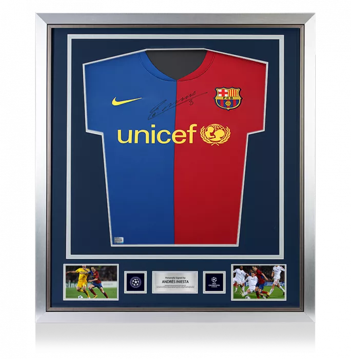 Andres Iniesta Official UEFA Champions League Front Signed and Framed FC Barcelona 2008-09 Home Shirt