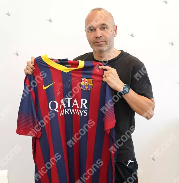 Andres Iniesta Official UEFA Champions League Front Signed And Framed FC Barcelona 2013-14 Home Shirt: Version 3