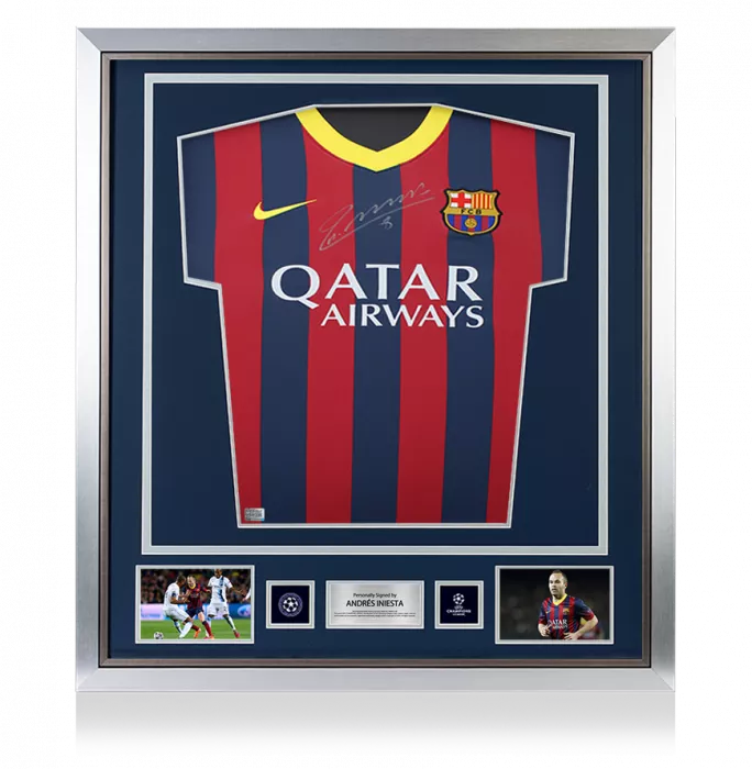 Andres Iniesta Official UEFA Champions League Front Signed and Framed FC Barcelona 2013-14 Home Shirt: Version 3