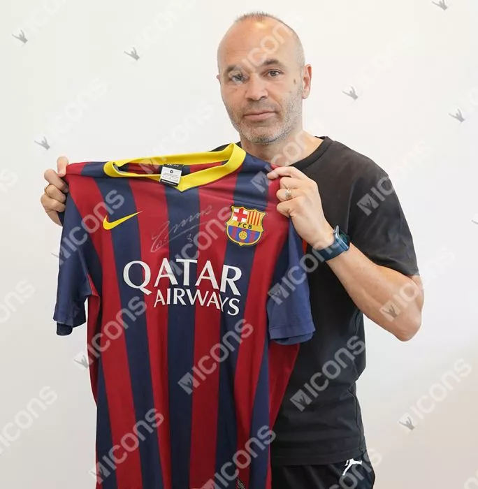 Andres Iniesta Official UEFA Champions League Front Signed And Framed FC Barcelona 2013-14 Home Shirt: Version 2