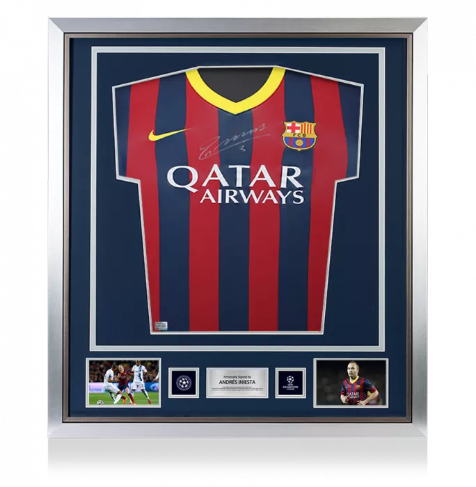 Andres Iniesta Official UEFA Champions League Front Signed and Framed FC Barcelona 2013-14 Home Shirt: Version 2
