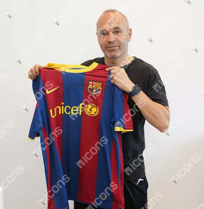 Andres Iniesta Official UEFA Champions League Front Signed And Hero Framed FC Barcelona 2010-11 Home Shirt