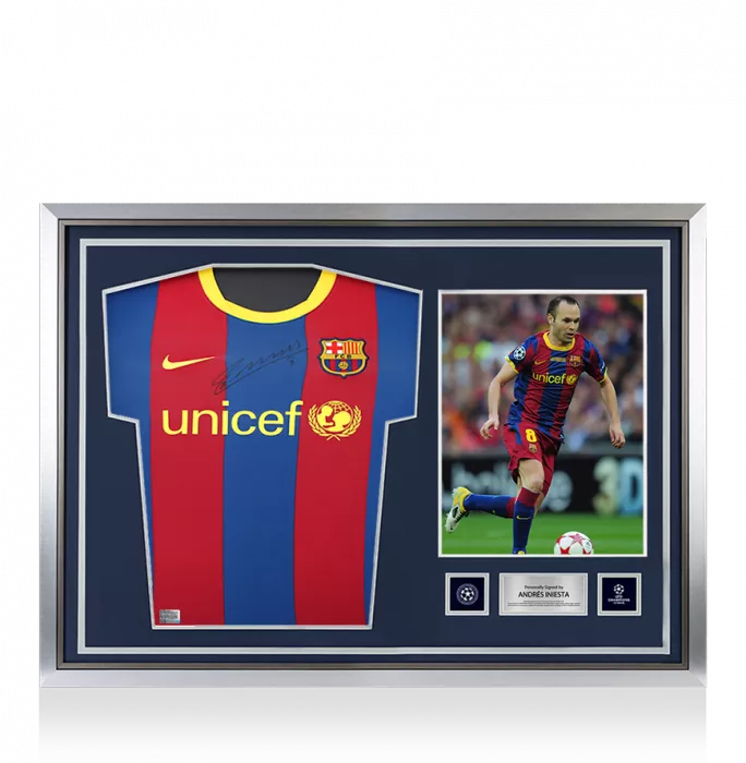 Andres Iniesta Official UEFA Champions League Front Signed and Hero Framed FC Barcelona 2010-11 Home Shirt