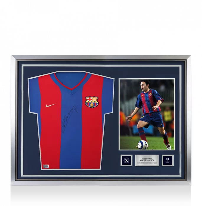 Andres Iniesta Official UEFA Champions League Front Signed and Hero Framed Player Issue FC Barcelona 2002-03 Home Shirt