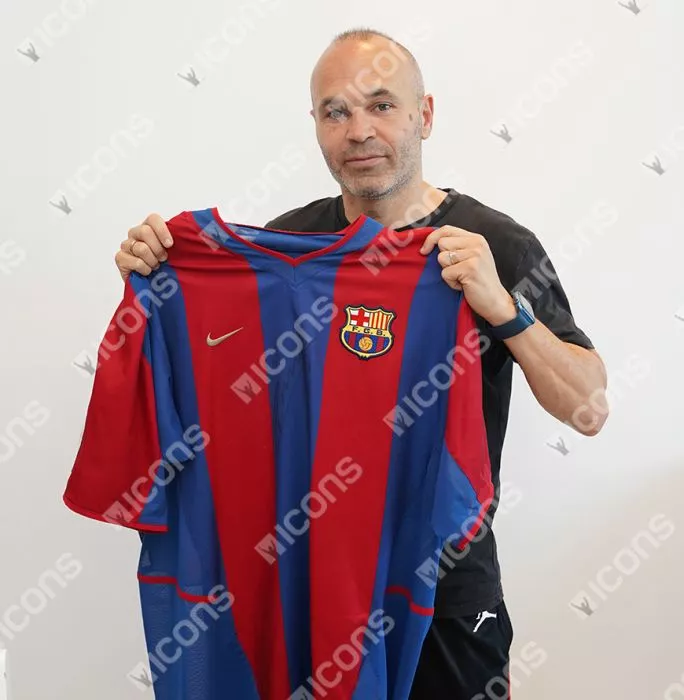 Andres Iniesta Official UEFA Champions League Front Signed And Framed Player Issue FC Barcelona 2002-03 Home Shirt