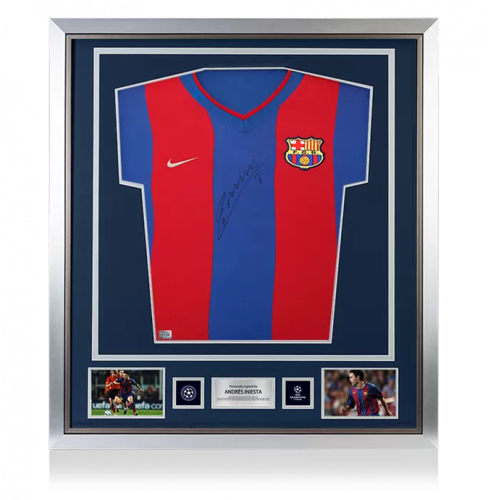 Andres Iniesta Official UEFA Champions League Front Signed and Framed Player Issue FC Barcelona 2002-03 Home Shirt