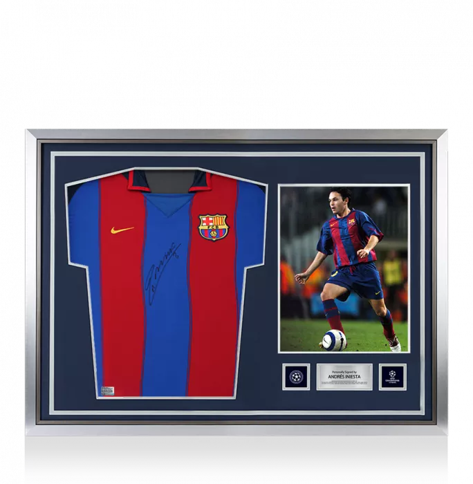 Andres Iniesta Official UEFA Champions League Front Signed and Hero Framed FC Barcelona 2003-04 Home Shirt