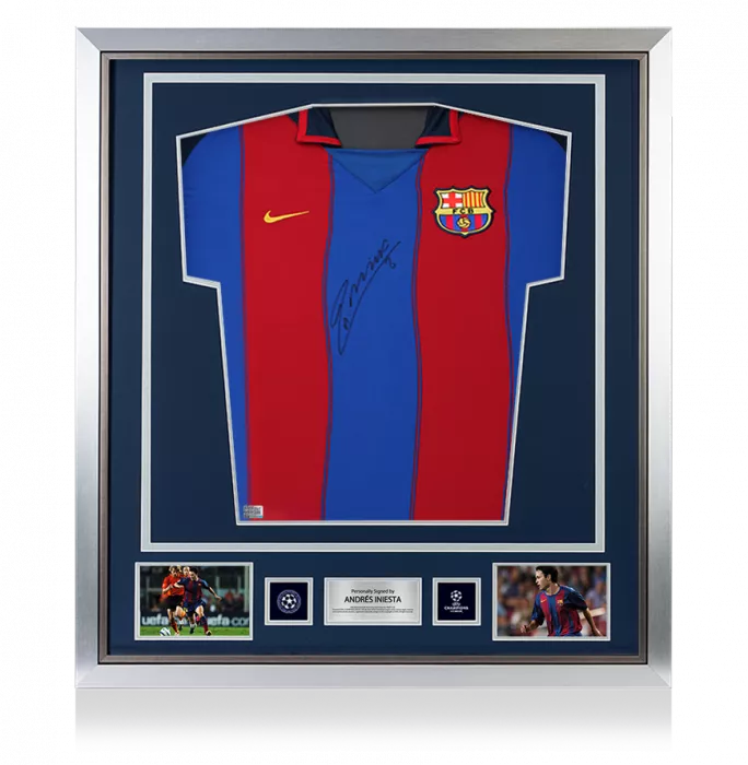 Andres Iniesta Official UEFA Champions League Front Signed and Framed FC Barcelona 2003-04 Home Shirt