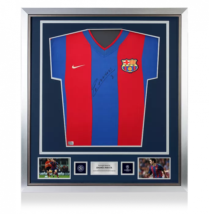 Andres Iniesta Official UEFA Champions League Front Signed and Framed FC Barcelona 2002-03 Home Shirt