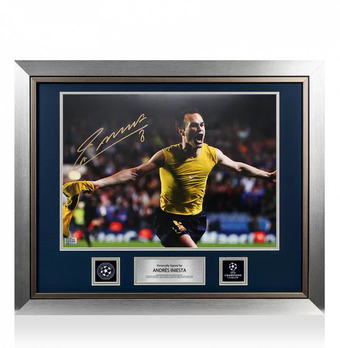 Andres Iniesta Official UEFA Champions League Signed and Framed FC Barcelona Photo: Shirt Off Celebration