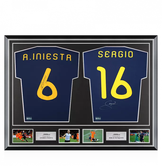 Andres Iniesta & Sergio Busquets Back Signed Spain 2010 Away Shirts In Classic Dual Frame