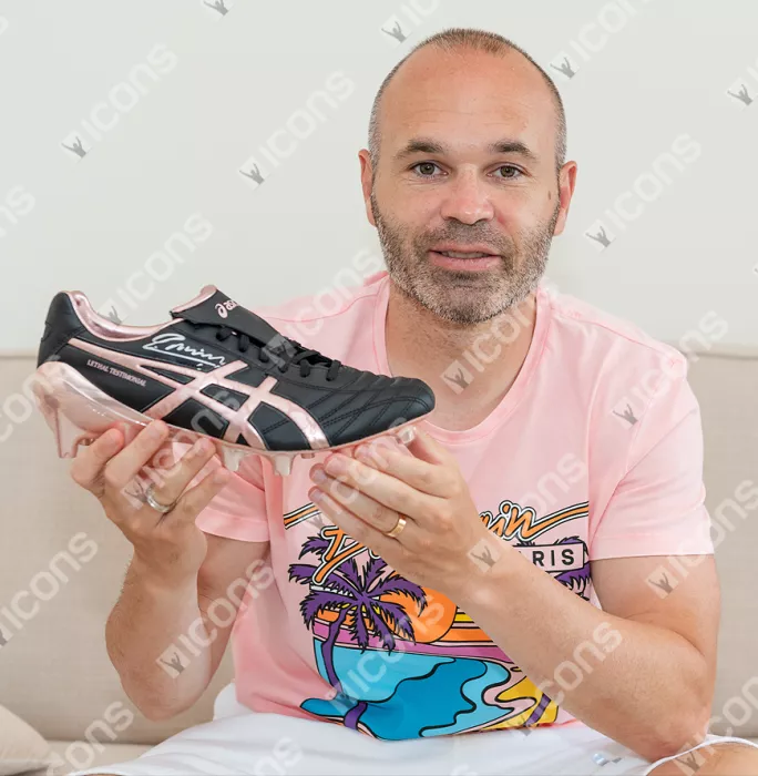 Andres Iniesta Signed Black Asics Lethal Boot In Acrylic Case