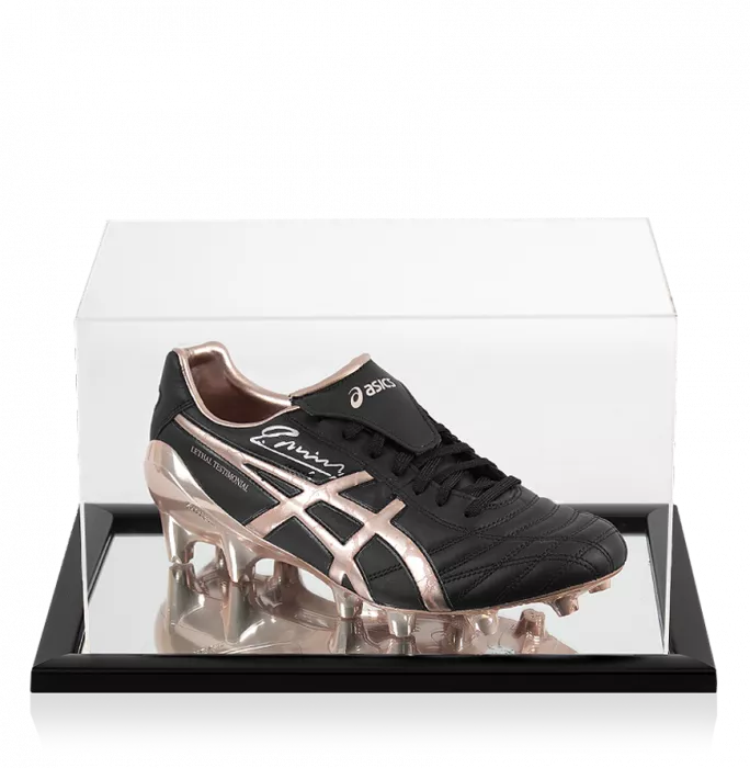 Andres Iniesta Signed Black Asics Lethal Boot In Acrylic Case