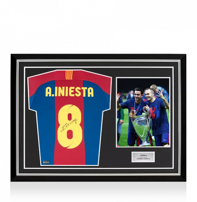 Andres Iniesta Signed FC Barcelona 1998 Home Shirt With Fan Style Number In Hero Frame: Option 1