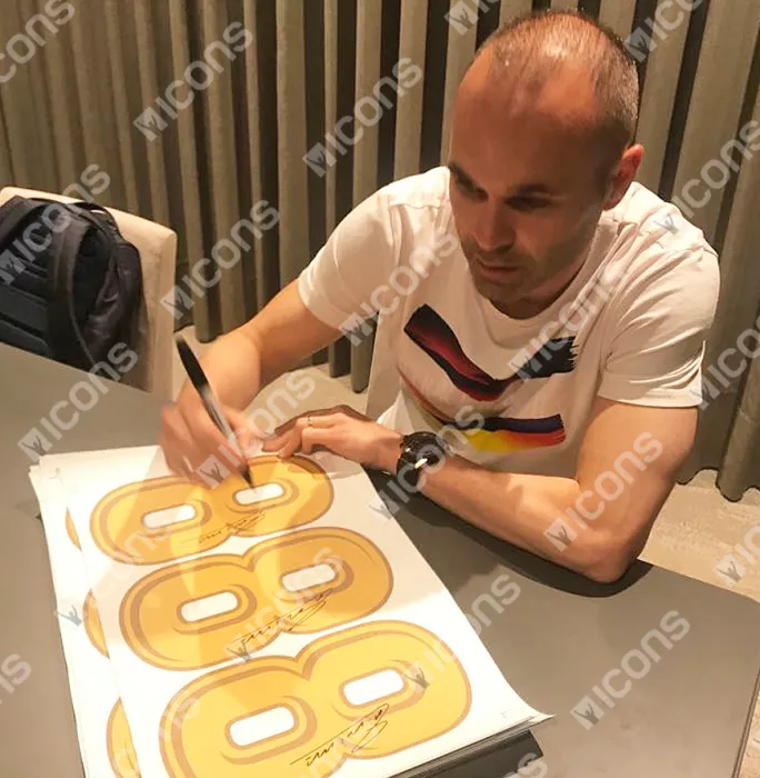 Andres Iniesta Signed FC Barcelona 2017-18 Home Shirt With Fan Style Number In Classic Frame