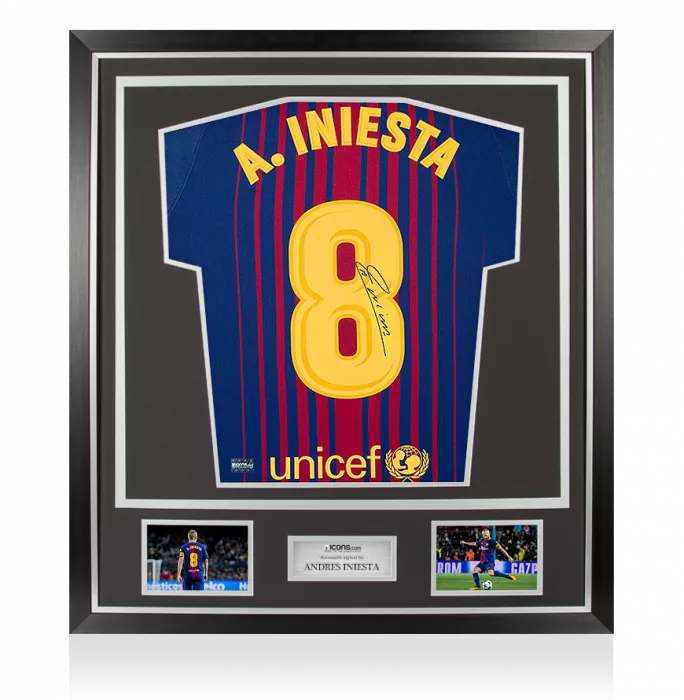 Andres Iniesta Signed FC Barcelona 2017-18 Home Shirt With Fan Style Number In Classic Frame