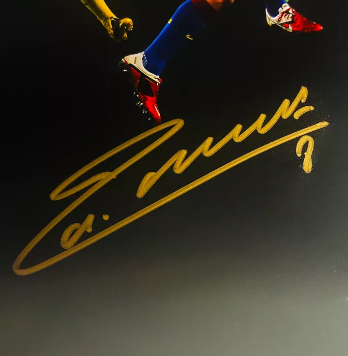 Andres Iniesta Signed FC Barcelona Montage Print In Black Wooden Frame