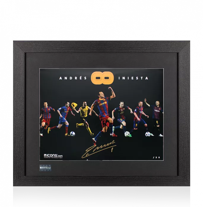 Andres Iniesta Signed FC Barcelona Montage Print In Black Wooden Frame