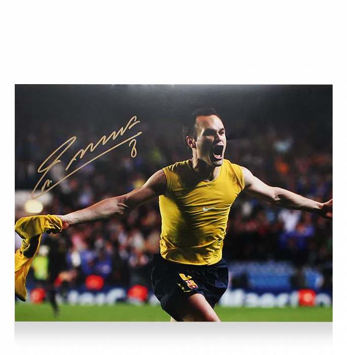 Andres Iniesta Signed FC Barcelona Photo In Black Wooden Frame: Shirt Off Celebration