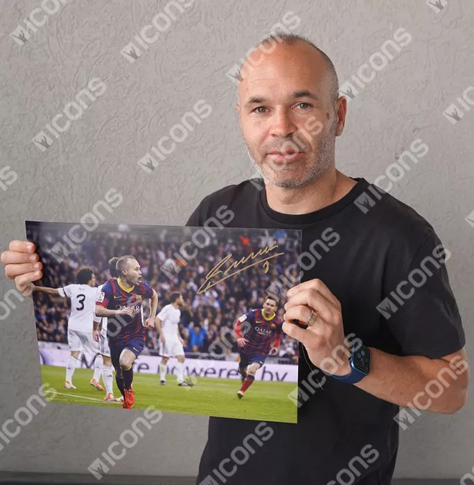 Andres Iniesta Signed FC Barcelona Photo In Black Wooden Frame: Celebration Vs Real Madrid