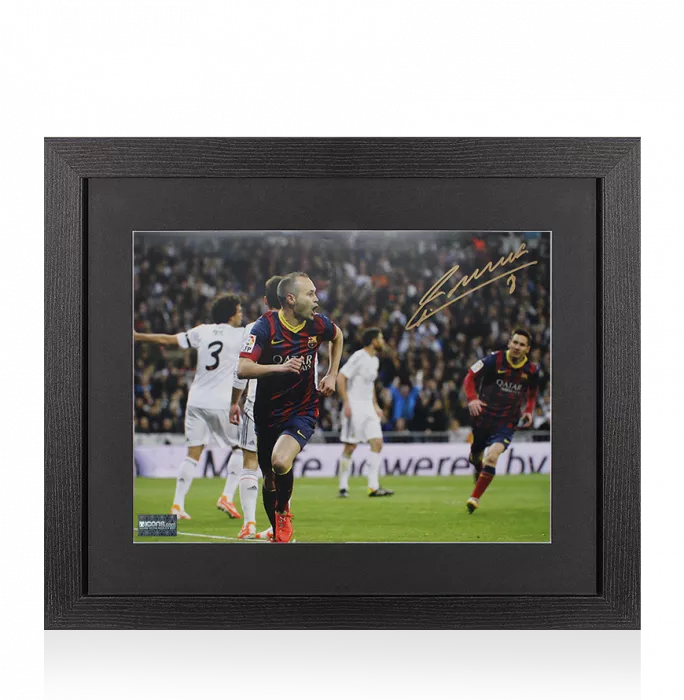 Andres Iniesta Signed FC Barcelona Photo In Black Wooden Frame: Celebration vs Real Madrid